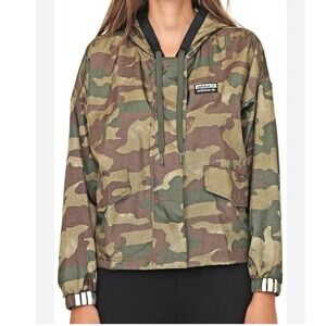Adidas Camo Windbreaker Hooded Jacket Full Zip Lightweight‎ Sz L Athletic Travel